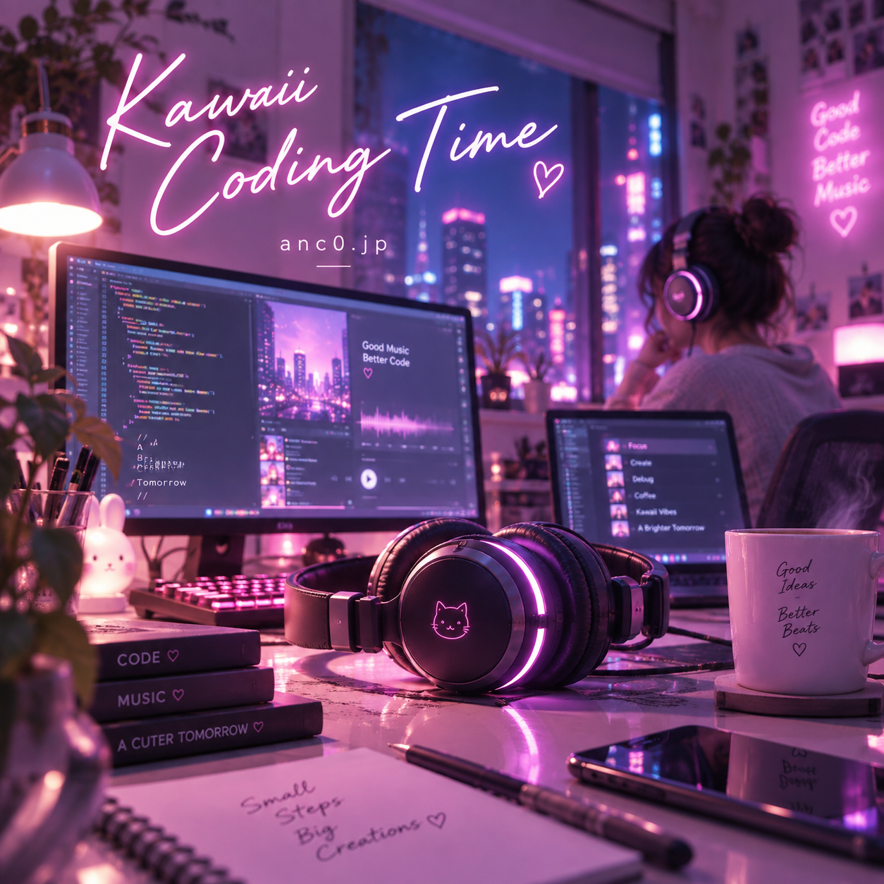 Kawaii Coding Time — ネオンに包まれた夜の作業部屋