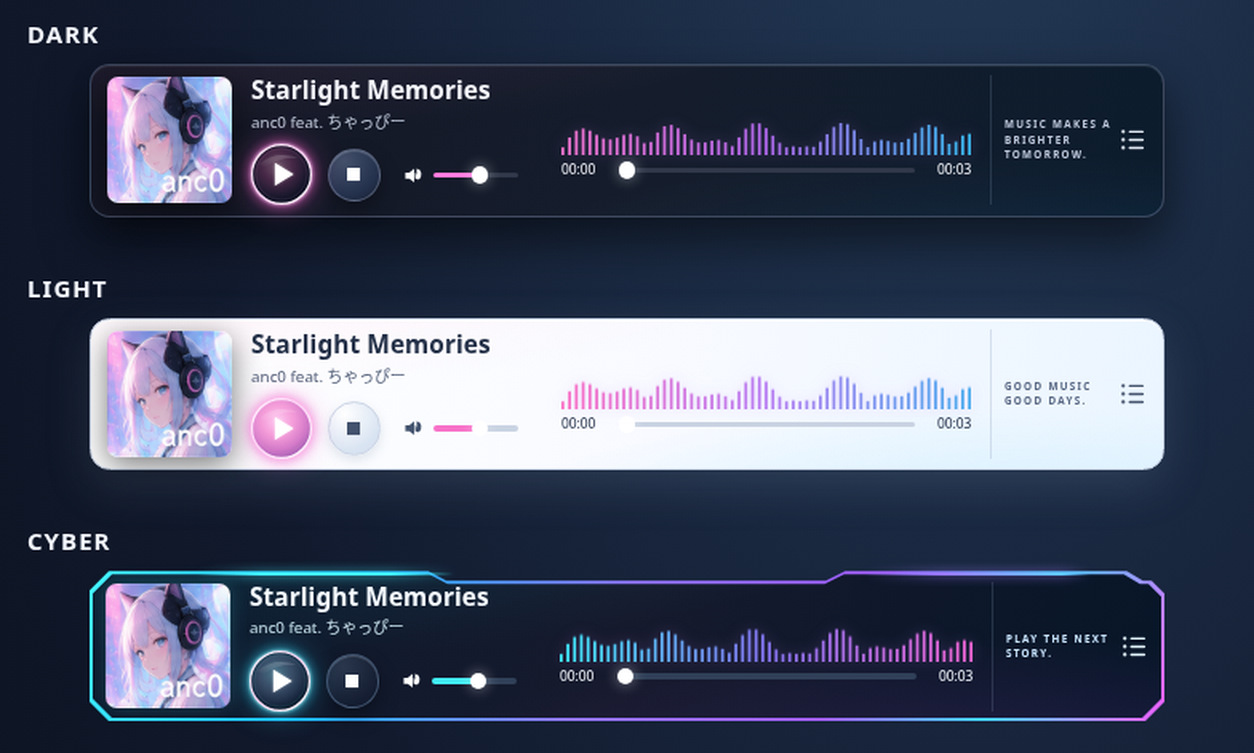 anc0 Music Player v1.0.1のDark Light Cyberテーマの実装プレビュー