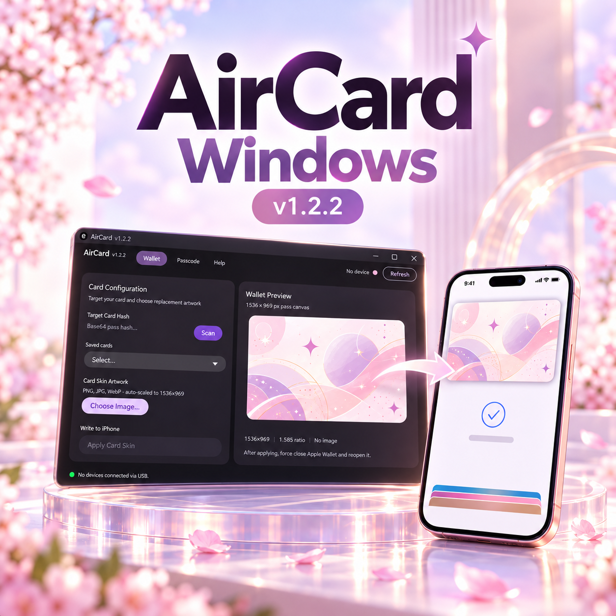 AirCard Windows v1.2.2のアプリ画面と、カード画像を反映したiPhoneのイメージ