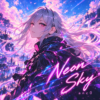 Neon Sky：銀色の髪とピンクの瞳の女の子、青と紫のネオンに包まれた街と夜空